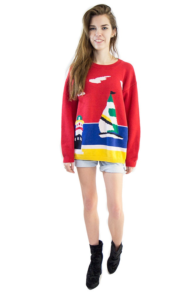 Vintage Izod Red Beach Scene Sweater