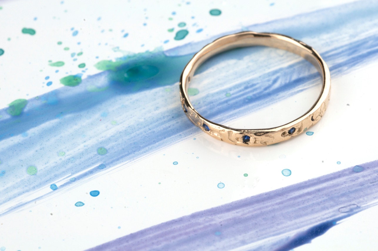 Dais Band with Sapphires: Unique Textured Handmade Wedding Band Ring, Recycled 14kt Rose or Yellow Gold