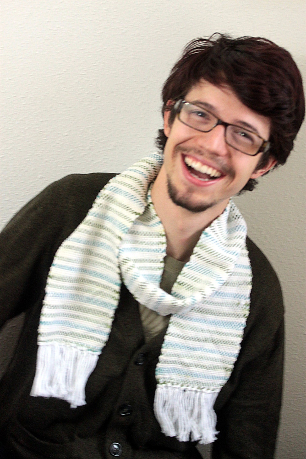 Handwoven Scarf: White, Emerald and Sky Blue Stripes
