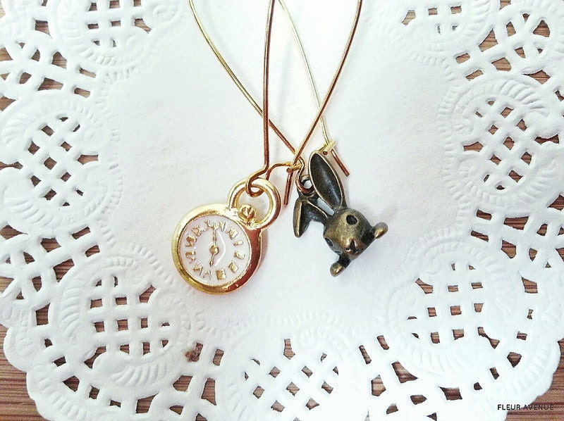 alice in wonderland rabbit clock hoop earrings