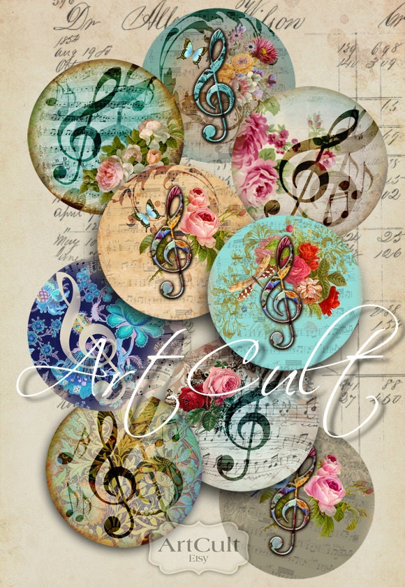 MUSIC CLEF - Digital Collage Sheet 1.5 inch size Circles Printable Art Cult Download for pendants bezel settings paper craft