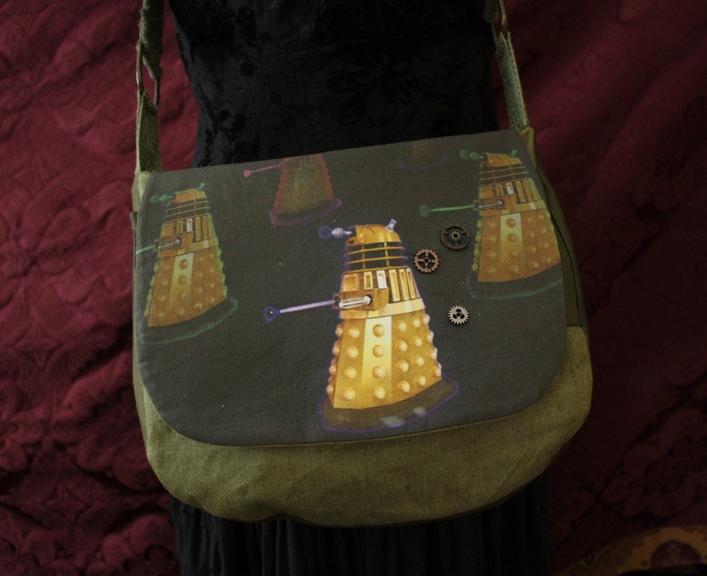 EXTERMINATE Dalek Steampunk Purse cross body bag/ Army Green hemp  Doctor Who fans robot monster military tank girl nerd purse upcycled