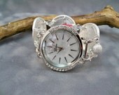 Watch with Interchangeable Watch Band, Swarovski Crystals , Beaded Watch Band, Silver Watch OOAK