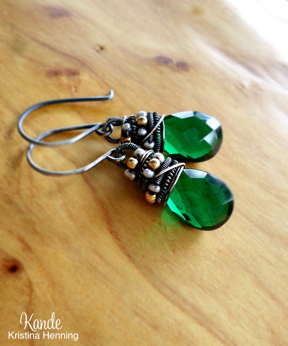 Emerald Green Earrings, Gemstone Drop, Quartz, Wire Wrapped, Mixed Metal, Kande Kristina Henning - Ophira