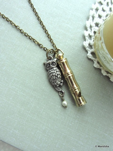 A Whistling Owl. A Vintage Working Whistle Necklace, Antiqued Silver Owl. Whimsical. Unique Gift Ideas. Owl Lover. Woodland Inspired.
