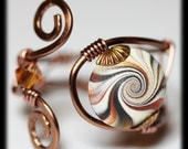 Handmade Jewelry Ring Beaded Wirework Wire Wrapped Black Antique Copper Polymer Clay Swirl Spiral Freeform Adjustable Size 6-7-8...Ember
