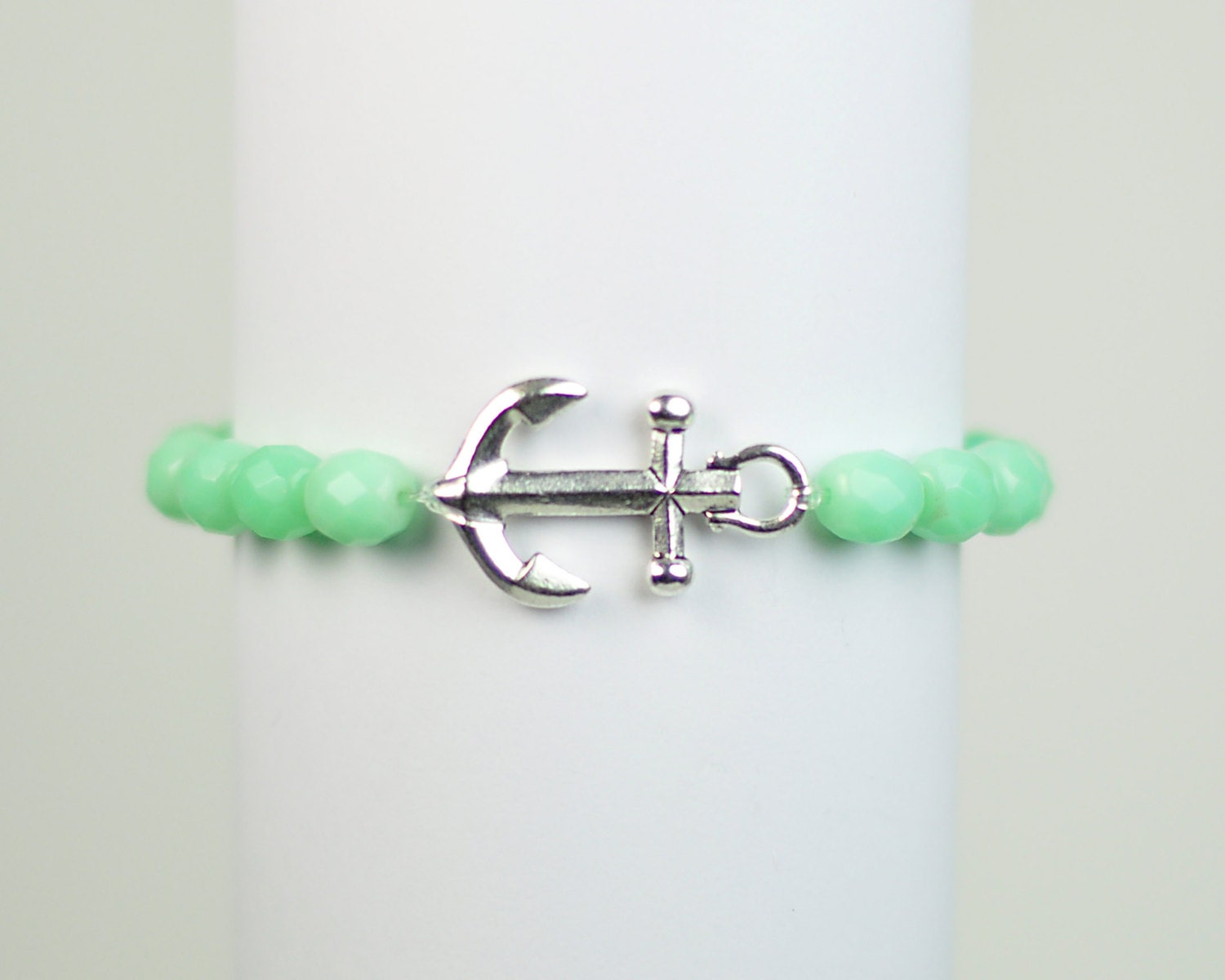 Anchor Bracelet -  Green Opal Bead Stretchy Bracelet