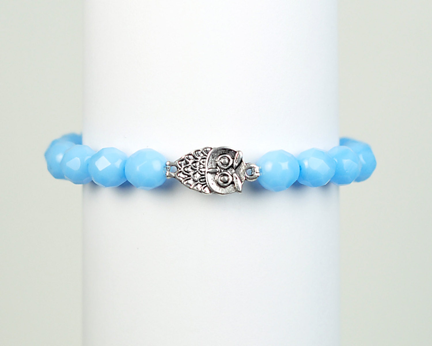 Owl Bracelet -  Light  Blue Bead Stretchy Bracelet