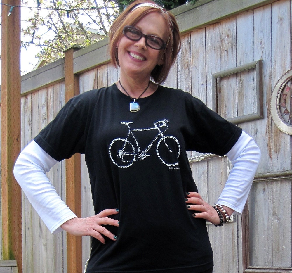 Screen Printed Bike T-Shirt with Typography Calligram, American Apparel Unisex Bike Shirt w Bicycle Art, Sizes XS, S, M, L, XL