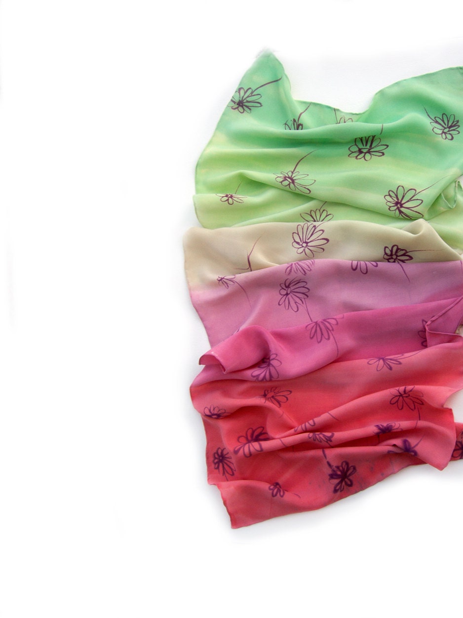 Watermelon Ombre scarf. Small silk scarf in green and pink,coral. Hand painted scarves.Woman fashion scarf