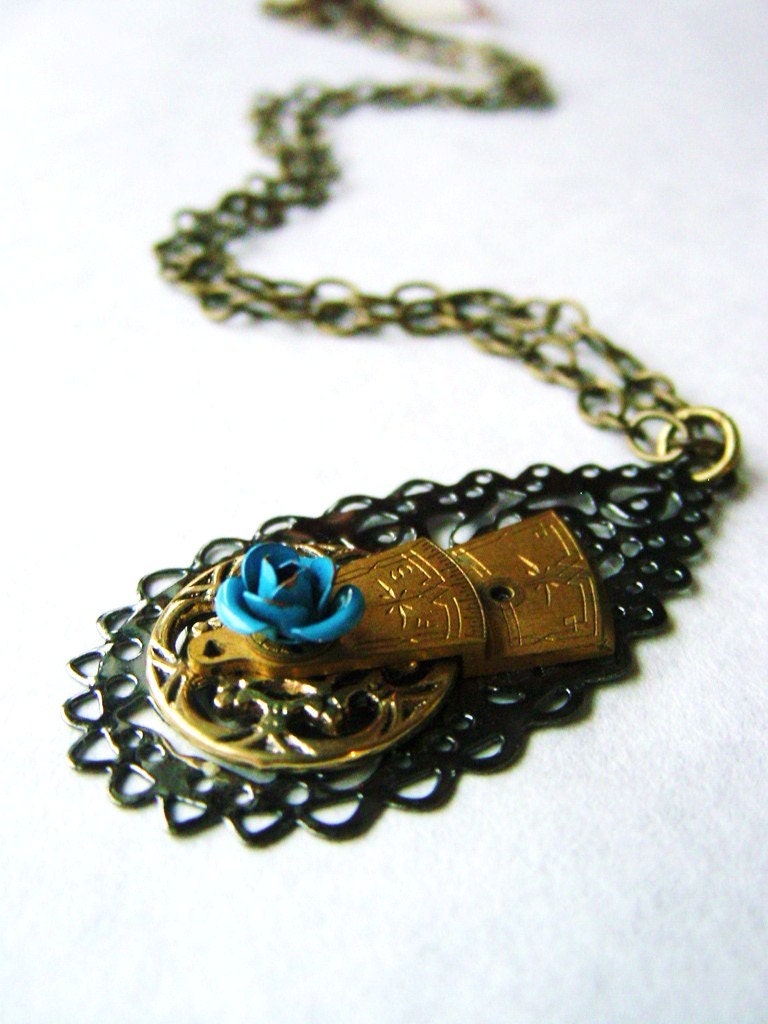 Steampunk Vintage Watch Parts Pendant Necklace with Blue Rose - Past Feeding Present