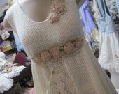 vintage kitty tunic dress... shabby chic.. soft cream stretch knit.. ooak.. lace, roses, doilies, crochet.. LGE/XL plus..