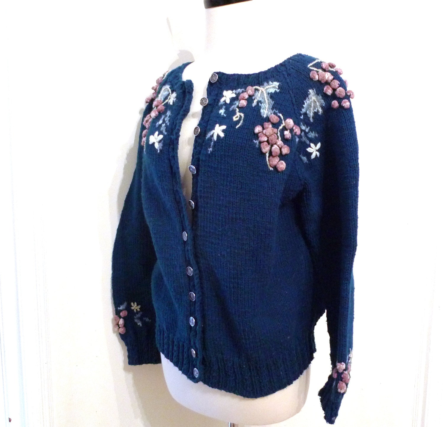 Blue Green Blue Cardigan with Fair Isle Textural Floral / Teal Button Down Sweater/ Women/ Men