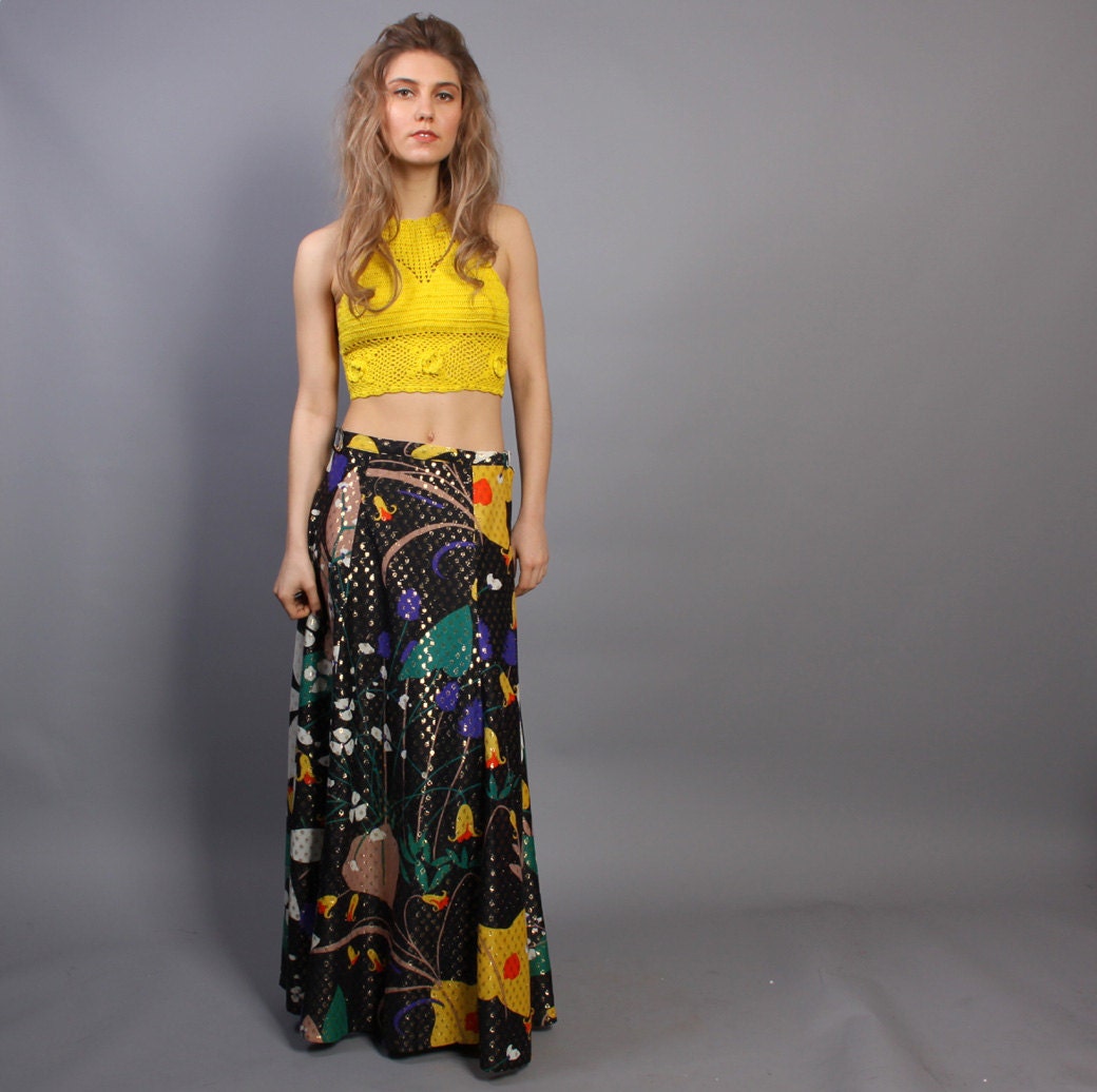 1970s METALLIC FLORAL SKIRT / Sparkly Gold Dots Bright Maxi, s-m