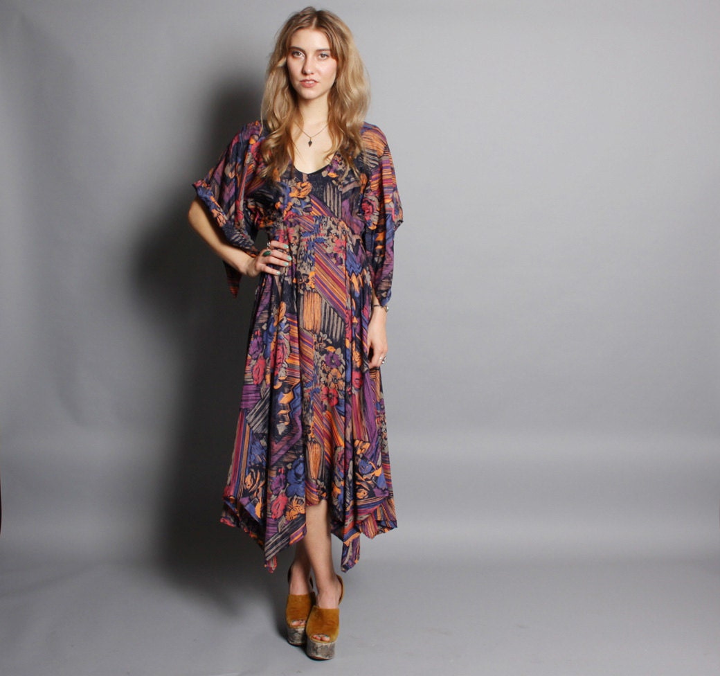 70s SCARF DRESS / Gypsy Floral Boho Hankie Hem Dress, xs