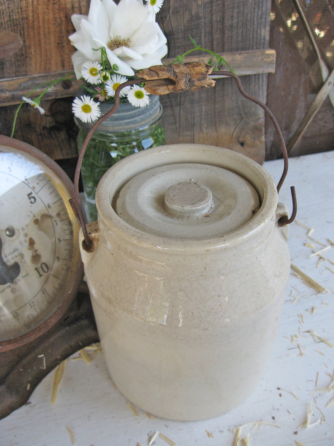 Vintage Stoneware "Crock" Bale Handle Lid Antique Farmhouse Country Cottage Kitchen Pantry Crockery Primitive Rustic... Sweet Magnolias Farm