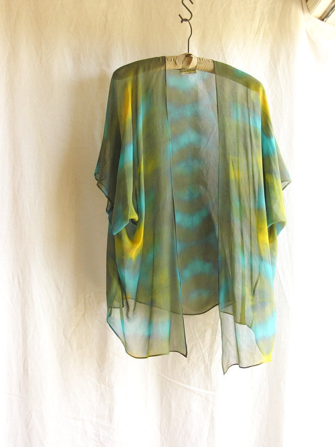 Turquoise Olive Silk Chiffon Topper Handpainted Plus Size OOAK