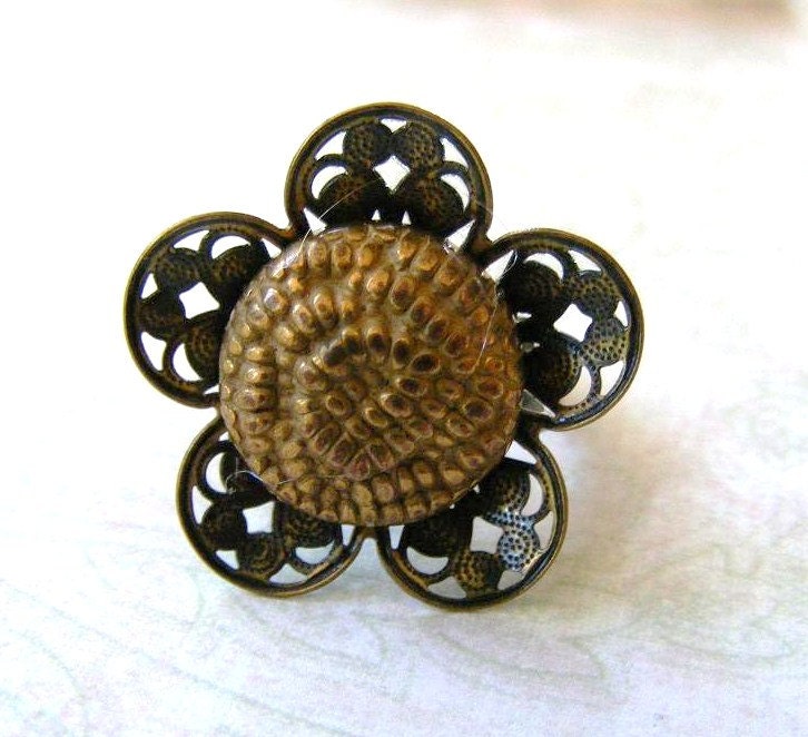 Vintage Button Ring Adjustable Antique Brass Filigree