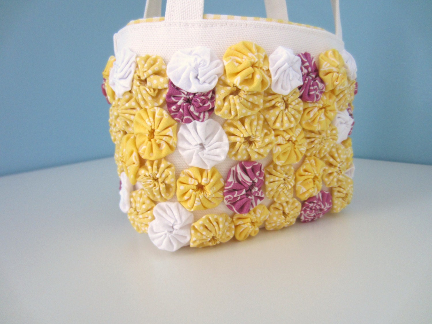 Small Floral Purse Bag or Basket, Flower Girl, Yoyo Flowers, White Yellow Lavender