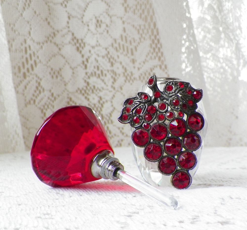 Glamorous Ruby Red Grapes Vintage Jewelry Embellished Perfume Bottle - glassbeadtreasures