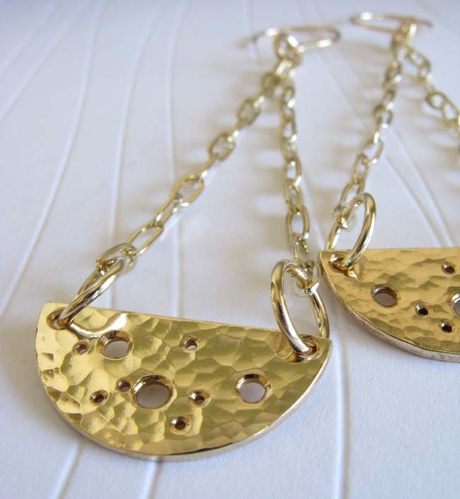 Artisan 14k gold filled earrings.  Long swinging textured half moons. Unique holes.  Quality handmade gift for her. Mystic Portal.