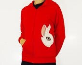 NEW Handpainted Hotot Rabbit hoodie - OOAK - two rabbits painted on a red ethical cotton hooded sweatshirt  - ladies fitted style size XL