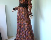 Autumn Baroque Maxi Dress- 1960's in Lilac, Mustard Yellow, Olive Brown, Rust- Large, Sheer Cotton