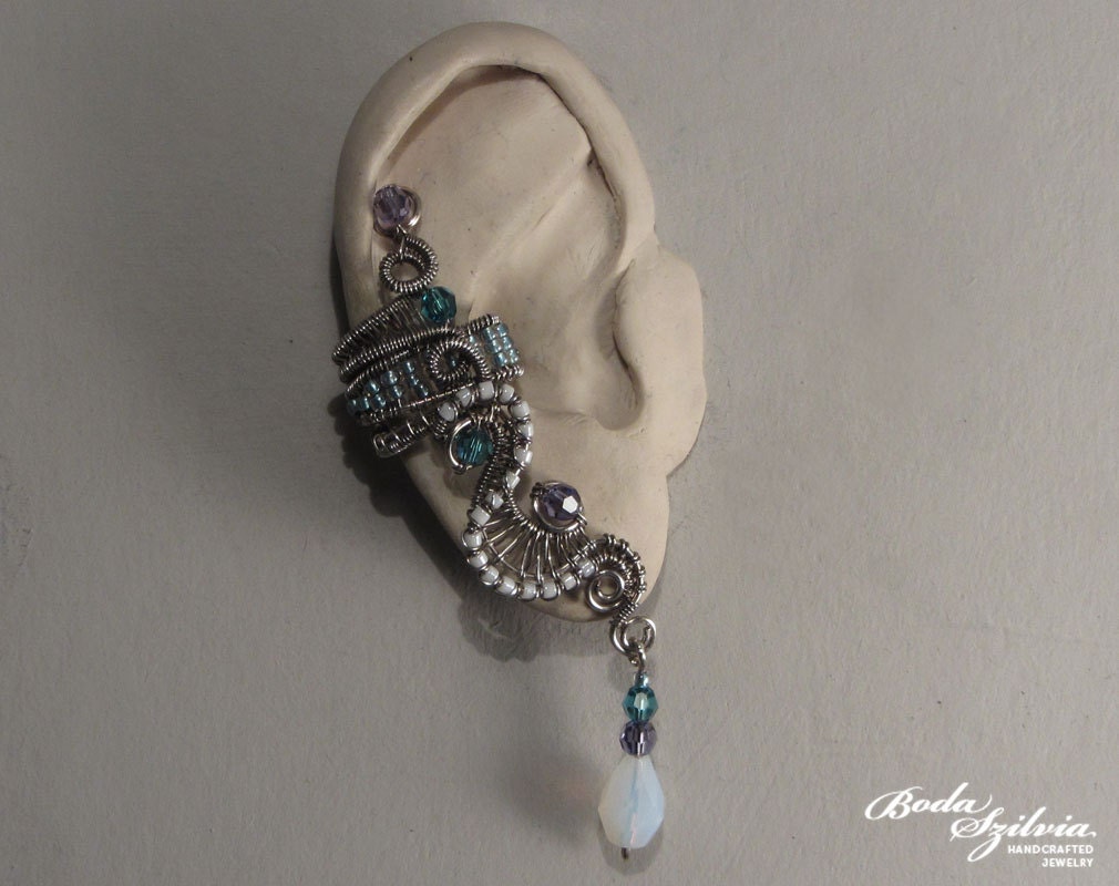 SEA MONSTER - OOAK wire wrapped ear cuff - silver, blue, purple, teal and white