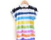 Ditsy Rainbow Hand Dyed Painted Stripes Crew Neck Rolled Cuffs Tee in White - S M L XL 2XL 3XL