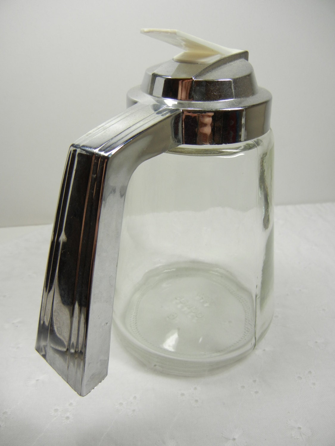 Syrup pitcher, maple syrup dispenser, clear glass, art deco handle, Gemco, made in USA, Vacation SALE