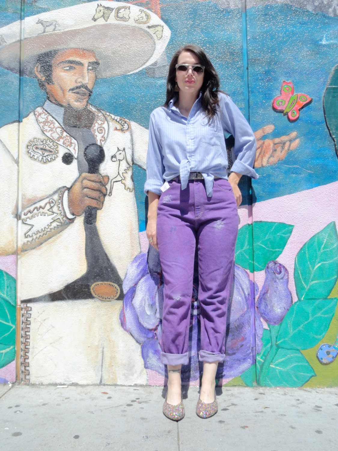 Vintage 90's Hand Dyed Purple LEE JEANS High Waist Paper Bag Waist Distressed Denim Pants (sz 6 8 10)
