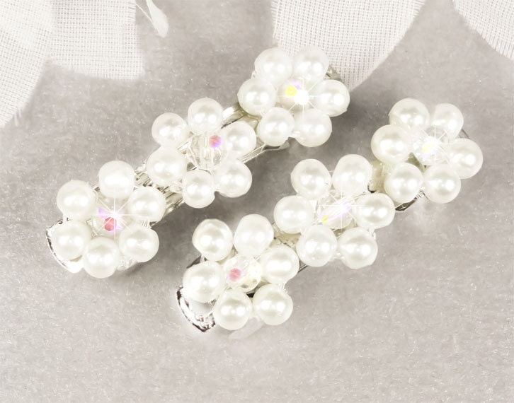 Pearl Flower Girl Barrettes, White Pearl and Swarovski Crystal Flower Girl Hair Barrettes - Tania WFG0170