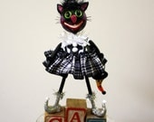 Black Kitty Cat Halloween Folk Art Collectible Art Doll Holiday Decoration