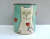 Cat Mug, Large, With Kitty And Red Hearts, Seafoam Aqua Green And White