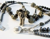 Outer Space Statement Necklace, Triple Strand, Onyx, Pyrite, Hematite, Sterling Silver, and Ceramic Space Man