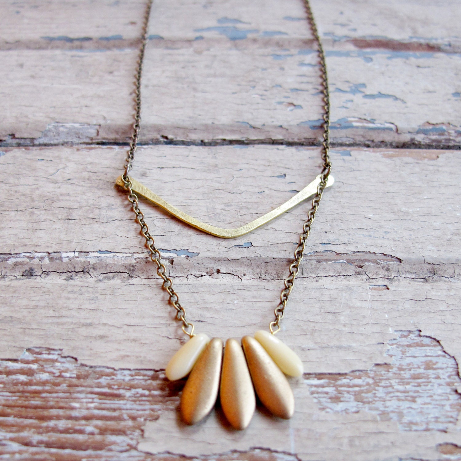 Featherlight - Brass Metalwork Necklace - Gold and Cream Glass Bead Necklace - Artisan Tangleweeds Jewelry