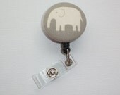 Retractable ID Badge Holder - Fabric Button - Grey Gray Ivory elephant