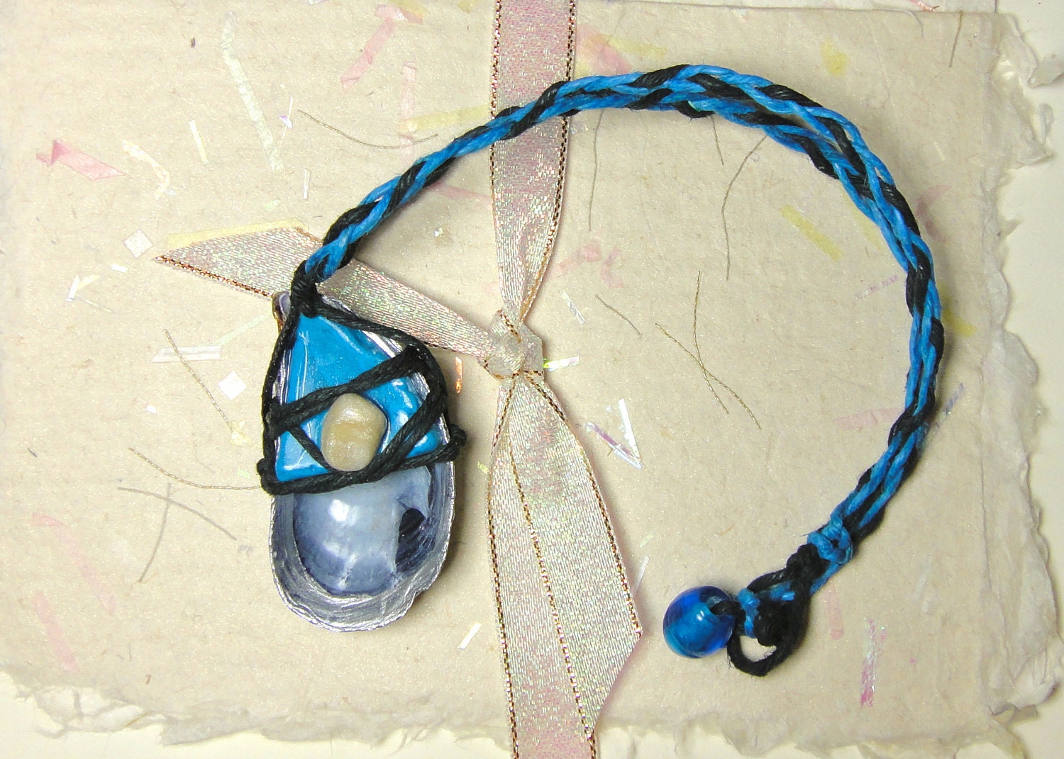 Seashell necklace - blue seaglass - polymer clay pearl - braided hemp - bohemian - beach - gift - handmade