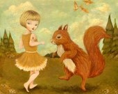 Come Dance with Me, said the Red Squirrel - Print, Nursery Art, Children's Art, Forest, Acorn, Primrose Yellow, Burnt Orange, Cute, Kids