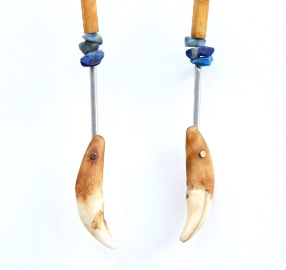 FULL MOON RISING Earrings with Lapis, Horn Beads and Hand Dyed Coyote Teeth