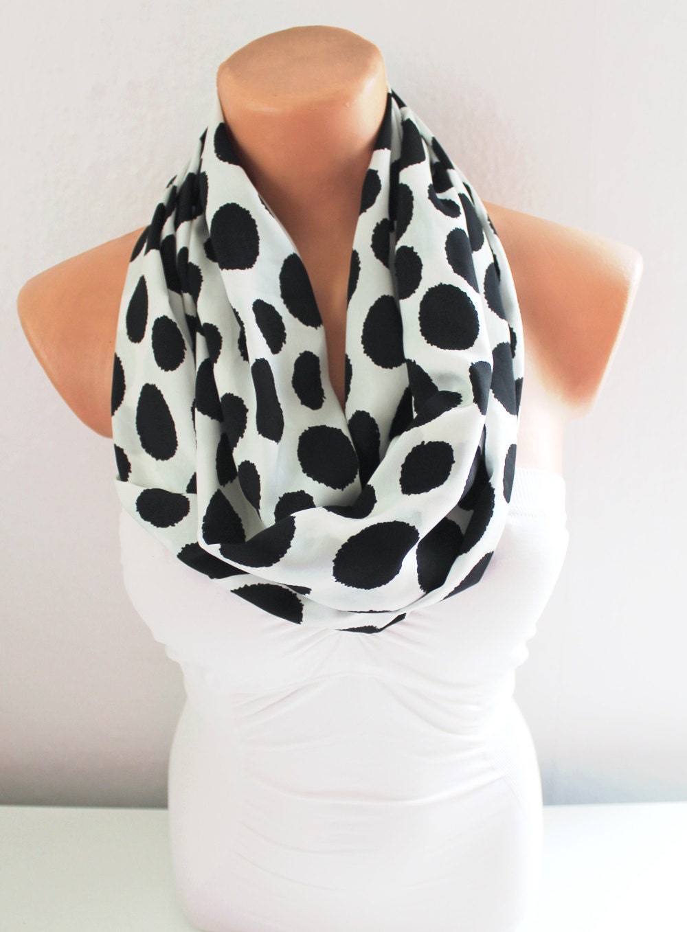 Infinity Scarf Loop Scarf Circle Scarf Cowl Scarf Black Dots on White Polka Dots