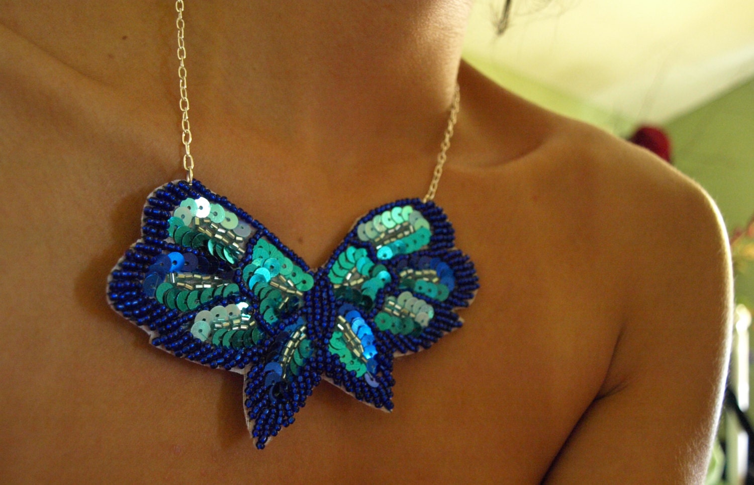 Dazzling Blue Sequin Butterfly Necklace