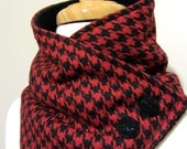 Red and Black Houndstooth Neck Warmer Scarf with Black Buttons