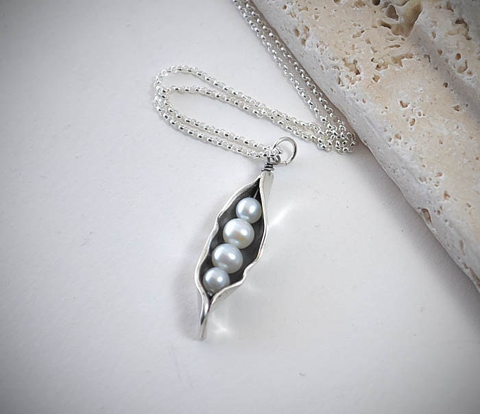 Four Pearl Pea Pod Necklace - Silver Pea Pod Mother's Necklace - Mom's Pearl Peas in a Pod Pendant