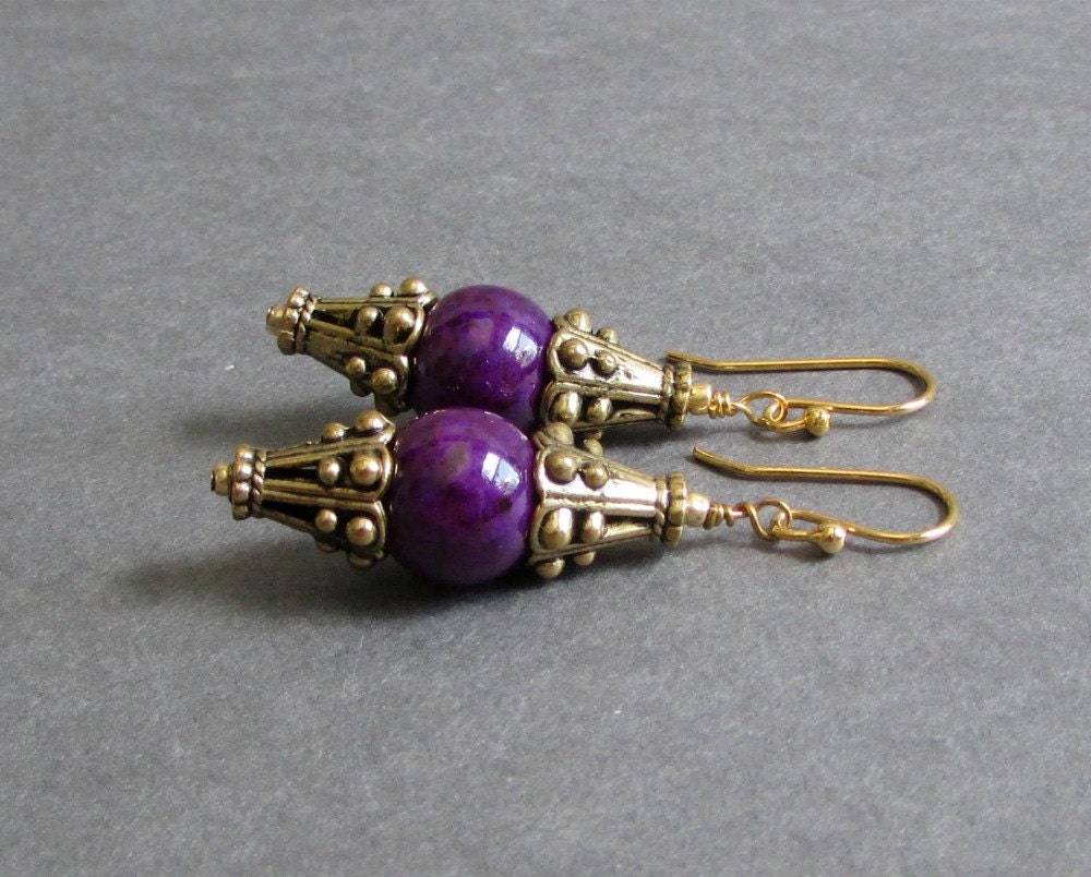 Antique Gold Tone Earrings / Dark Purple Stone Earrings / Dyed Riverstone Drop Earrings / Ornate Metal Earrings - Masquerade (Violet)