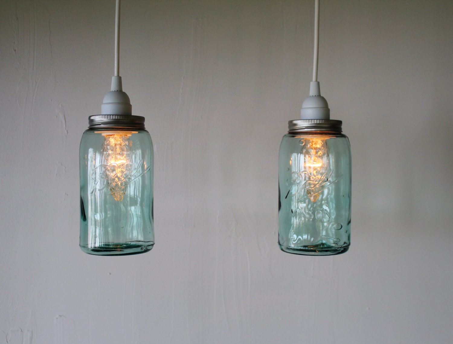 Pair of Antique Aqua Blue BALL Mason Jar Hanging Lighting Fixtures - 2 Upcycled Pendant Lamps - BootsNGus Lights