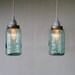Pair of Antique Aqua Blue BALL Mason Jar Hanging Lighting Fixtures - 2 Upcycled Pendant Lamps - BootsNGus Lights