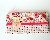 Zipper Pouch, Pencil Case, or Cosmetic Bag - Flower Burst in Pink, Cream, Gray and Red with Handmade Felt Owl Embellishment