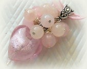 Pink Foil Heart Beaded Cluster Heart Ribbon Necklace