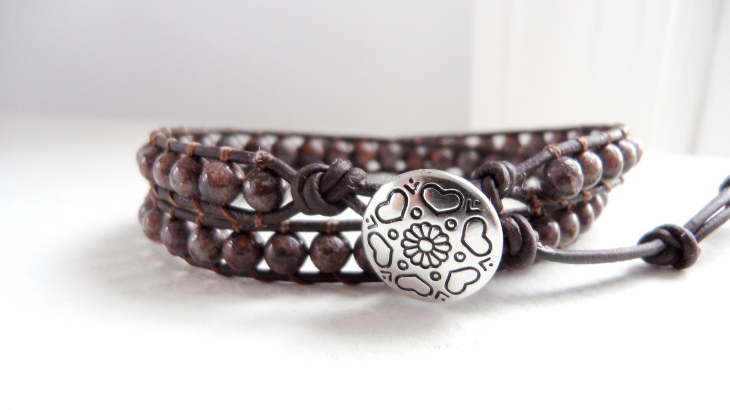 Chocolate Lover Beaded Leather Double Wrap Bracelet Chan Luu Style Ornate Heart Detail Button, Valentines Day
